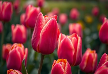 Moody close-up of vibrant pink parrot tulips in full bloom, Netherlands spring garden,  garden,  detail