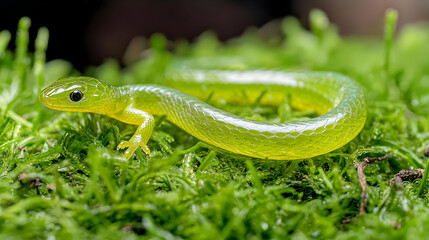 Obraz premium Closeup Of Green Lizard On Moss