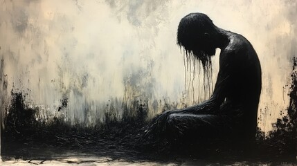 Monochromatic painting depicts a seated figure overwhelmed by emotional distress in a dark space