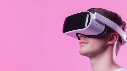 Vr headset user on pink background virtual reality experience