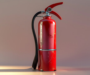 Obraz premium Close-up of a red fire extinguisher with hose against a neutral background, symbolizing safety, emergency preparedness, and fire prevention. Ideal for industrial, workplace, or safety training visuals