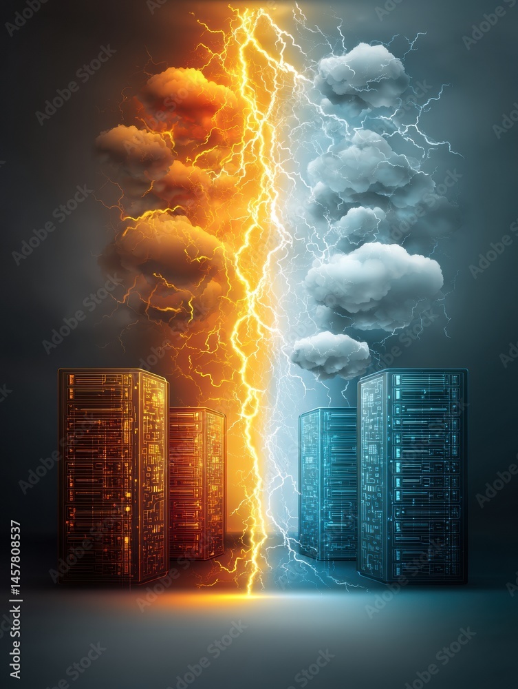 Leinwandbilder clouds shaped like tech servers generate electrifying clash with lightning at the center, showcasing