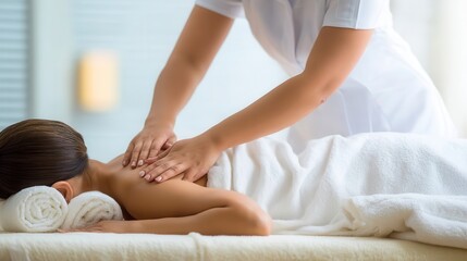 Obraz premium A professional masseuse gently massages a relaxed client's back.