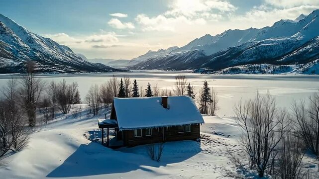 Idyllic Cabin in a Winter Wonderland: Snow-Covered Mountains and Frozen Lake Scenery
