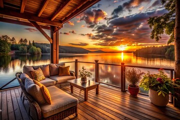 Fototapeta premium Relaxing Porch with Lake View: Serene Summer Escape Stock Photo