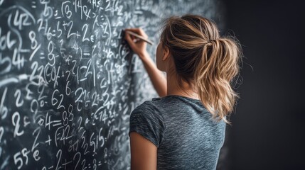 Woman solving complex equations on a chalkboard.