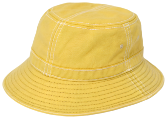 Bright yellow bucket hat made of cotton fabric with visible stitching and wide brim, casual summer accessory for outdoor wear or fashion styling, isolated on transparent background.