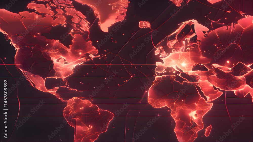 Poster digital map of the world displaying red illuminated network points in a dark background