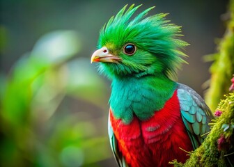 Resplendent Quetzal Bird Close-Up Portrait: Vibrant Emerald and Crimson Plumage