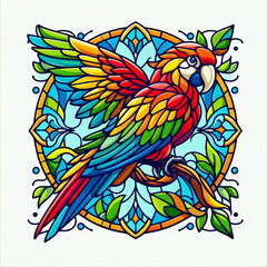 Colorful parrot design in stained glass style illustration.