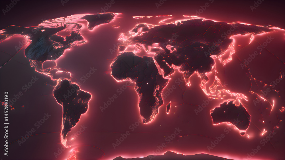 Poster global digital map with red glowing lights in a connected network pattern