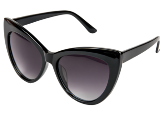 Stylish oversized black cat eye sunglasses with glossy frame and dark gradient lenses, fashion eyewear for women, isolated on transparent background.
