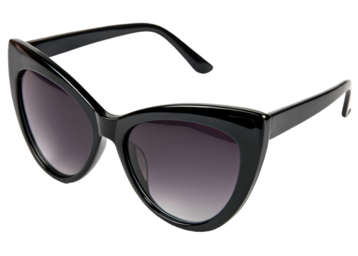 Stylish oversized black cat eye sunglasses with glossy frame and dark gradient lenses, fashion eyewear for women, isolated on transparent background.
