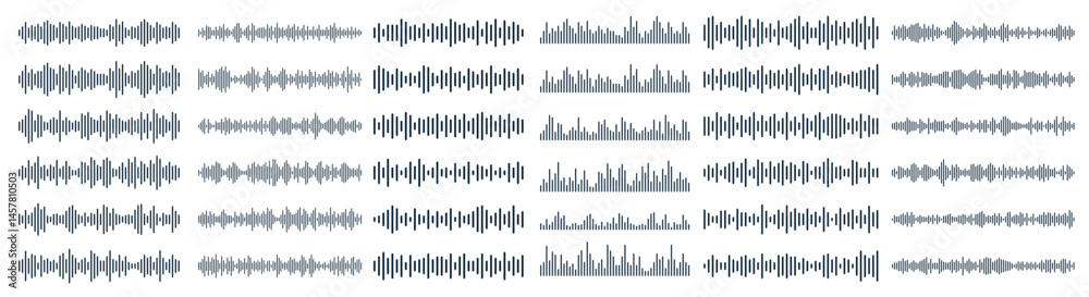 Aufkleber Podcast sound waves, audio spectrum waveforms, music or voice digital track vector line soundwaves with abstract pattern of sound frequency. Isolated podcast visualizer audio waves and waveforms set
