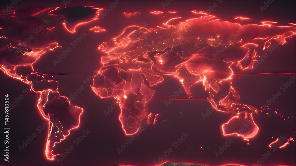 Poster digital map of the world with red illuminated points on a dark background