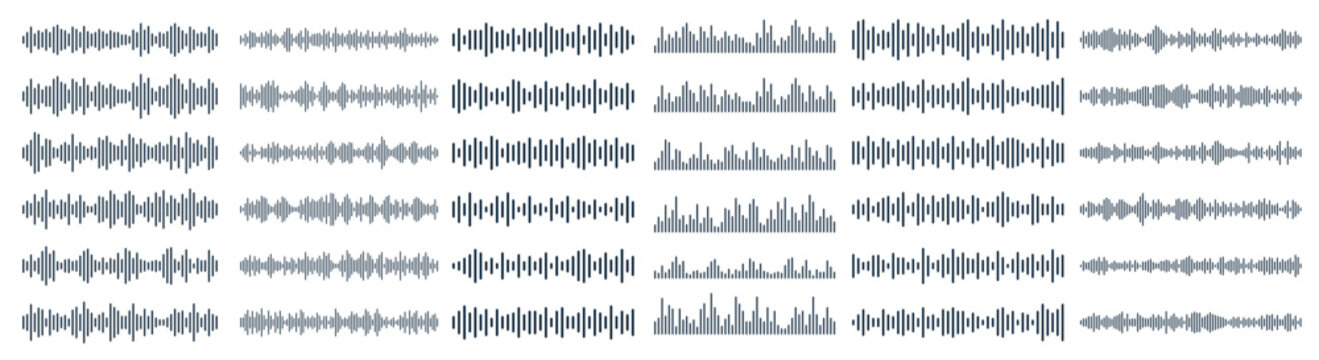 Podcast sound waves, audio spectrum waveforms, music or voice digital track vector line soundwaves with abstract pattern of sound frequency. Isolated podcast visualizer audio waves and waveforms set