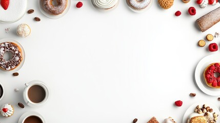 Assorted pastries donuts coffee and raspberries on white