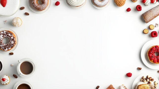 Assorted pastries donuts coffee and raspberries on white