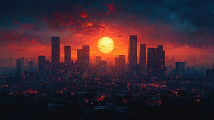 Fototapeta premium An orange sunset casts an evocative glow over the skyline of a modern cityscape with tall towers.