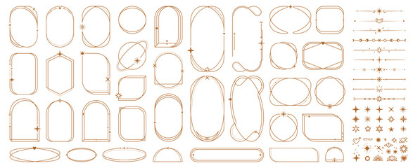 Fototapeta na wymiar Celestial frames and aesthetic borders, magic stars and sparkles moons, suns and planets. Vector set of elegant golden outline borders. Spiritual, magical elements, twinkles, arches and linear shapes