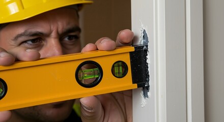 A focused shot of an adult male construction worker in a yellow hard hat using a yellow level tool to check the vertical alignment of a white door frame during installation or repair.