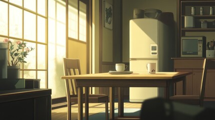 Serene Morning in a Japanese-Style Kitchen: Sunlight Illuminates a Simple Breakfast Table