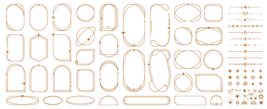 Celestial frames and aesthetic borders, magic stars and sparkles moons, suns and planets. Vector set of elegant golden outline borders. Spiritual, magical elements, twinkles, arches and linear shapes