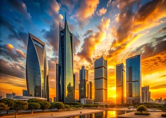 Riyadh King Abdullah Financial District Modern Skyscrapers at Sunset - Stock Photo