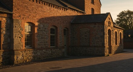 Rustic Brick and Stone Building at Sunset