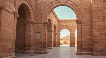 Fototapeta premium Ancient Stone Archway Ruins Under Bright Sky