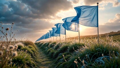 Blue Flags Fluttering at Golden Hour Pathway