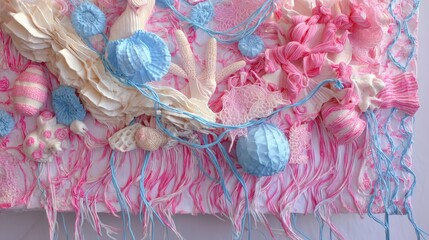 Detailed, textured artwork, composed of pink and blue elements.
