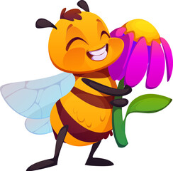 Honey bee hugging flower happy cartoon character. Honey bee insect isolated vector funny character, honeybee cheerful character. Garden bee bug happy personage or spring bumblebee baby cute mascot