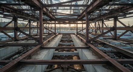 Fototapeta premium Rusty Metal Construction Structure at Sunset