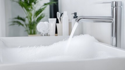 Modern bathroom faucet filling basin with bubbles