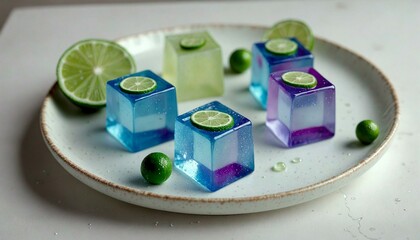 Translucent Electric-Blue and Purple Gelatin Squares with Lime Orbs on White Plate