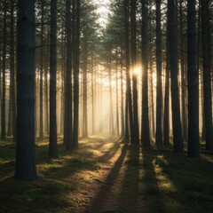 Obraz premium Sunrise in a Misty Pine Forest