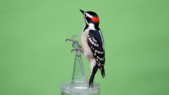 Close up of a downy woodpecker perched on a clear stand against a green background in studio light green screen video