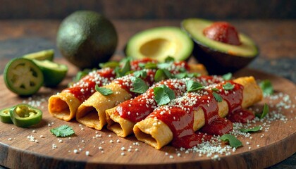 Colorful Enchiladas with Red Sauce on Wooden Board