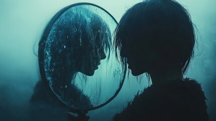 Silhouette reflection in a misty, ethereal setting.