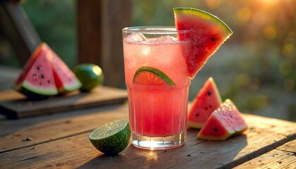 Vibrant Watermelon Drink with Pink-Green Glass