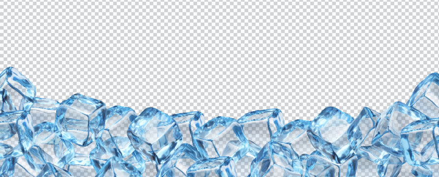 Fototapeta Realistic ice cubes background with crystal blocks. 3d vector frame, isolated border of blue transparent frozen water pieces. Glass or icy solid pieces, template for drink ads with clean square blocks