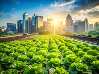 Fototapeta premium Rooftop Farm: Urban Gardening, Green Living, Sunlight on Lettuce