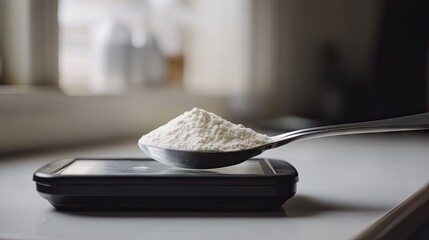 Spoon on digital scale with precise flour amount shown in background