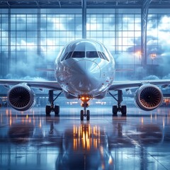 Fototapeta premium Sleek and advanced commercial passenger jet aircraft parked inside a high tech airport hangar facility with large glass walls allowing natural light to create dramatic reflections on the wet ground