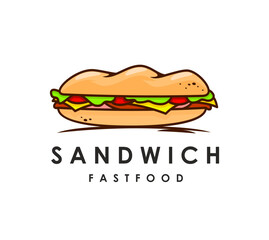 Fast food takeaway sandwich icon or sign. Fast food delivery delicious burger cartoon vector sign. Street food restaurant sandwich with salad, ham and cheese takeaway cafe symbol