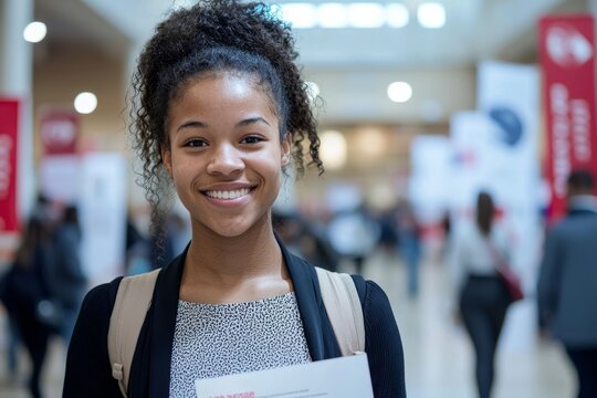 A job fair in a school gym filled with banners and recruiters. A student is walking around with a resume and a curious smile. The mood is nervous but excited