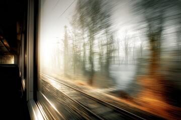Train Journey With Soft Blur View Through Window Showcasing Passing Scenery at Dawn Generative AI