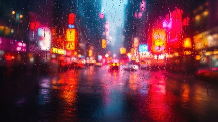 Fototapeta premium Person in red raincoat gazes at city lights and clock tower on a rainy, atmospheric evening.