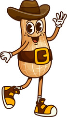 Naklejka premium Cartoon groovy peanut cowboy or bandit character. Funny vector groundnut pod ranger or robber retro y2k personage. Western fantasy seed gangster wears belt, hippie sneakers and hat ready for adventure